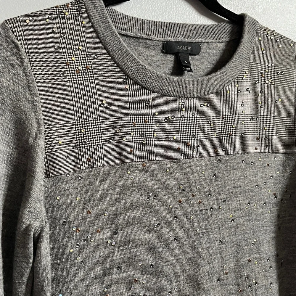 J.Crew Tippi Sweater in 100% Merino Wool Glen Plaid Yoke and Sequined Body Small
